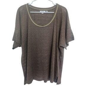 Chicos Brown Linen Blend Gold Metallic Striped Short Sleeve Knit Top Size 3‎ XL
